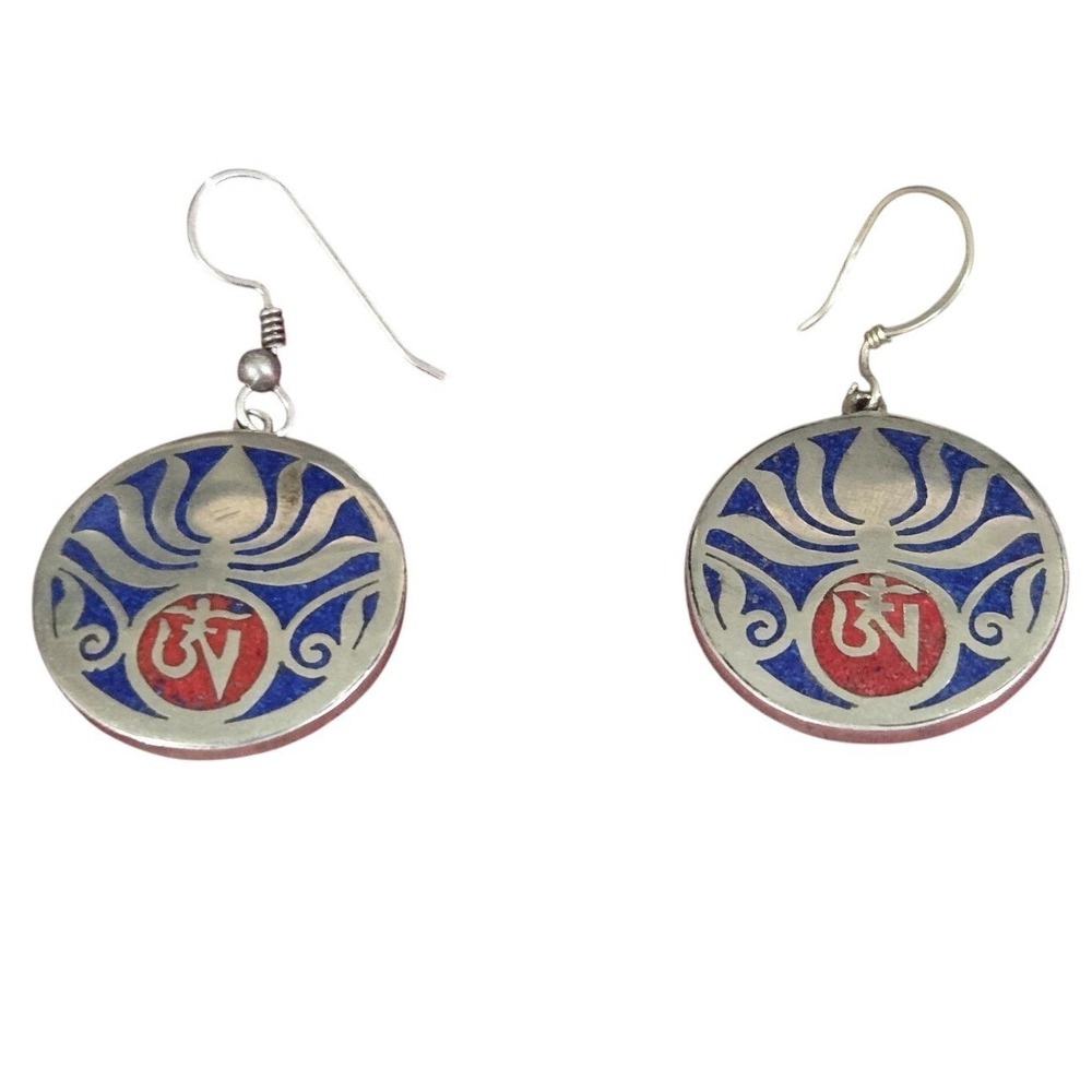 Vintage 925 Sterling Silver Om Lotus Enamel Dangle Earrings Pair